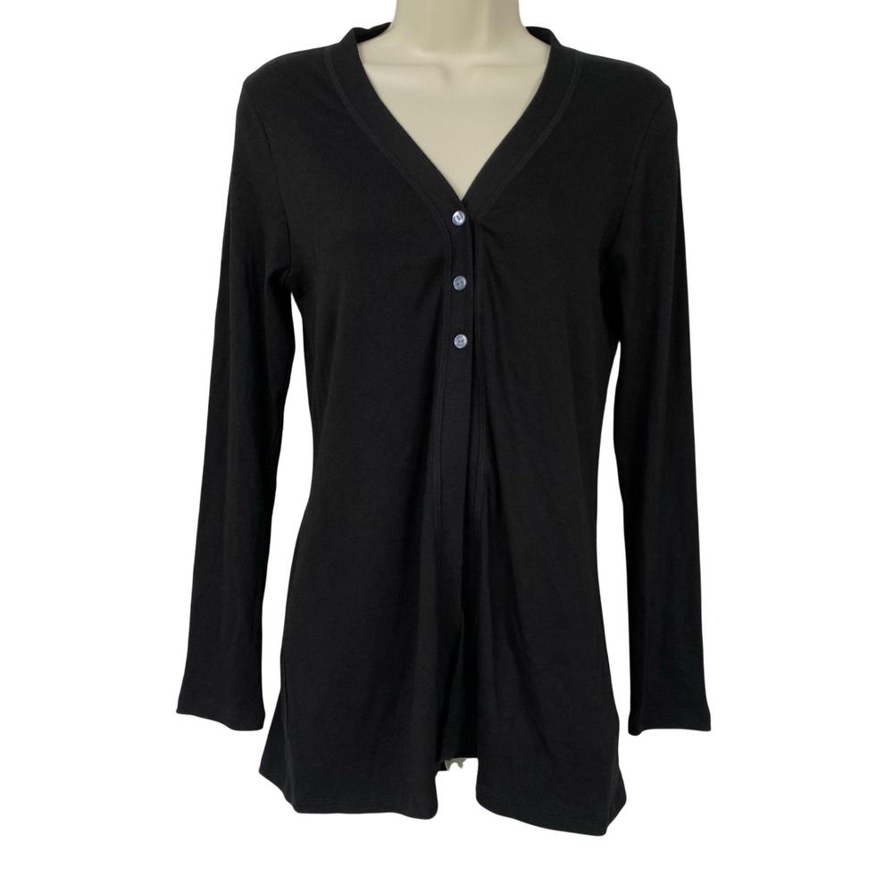 Elie Tahari Long Cardigan Top Womens Small Black Ribbed Knit Long Sleeve Minimal